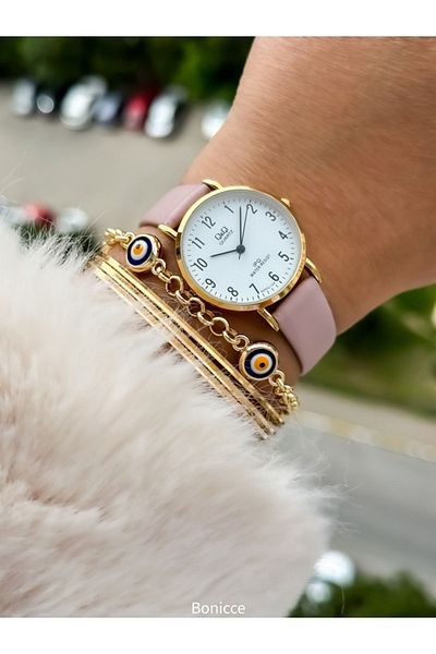 Q&Q Retro Brand - Women's Wristwatch Bracelet with Pink Leather Cord, Yellow Case and Numbers