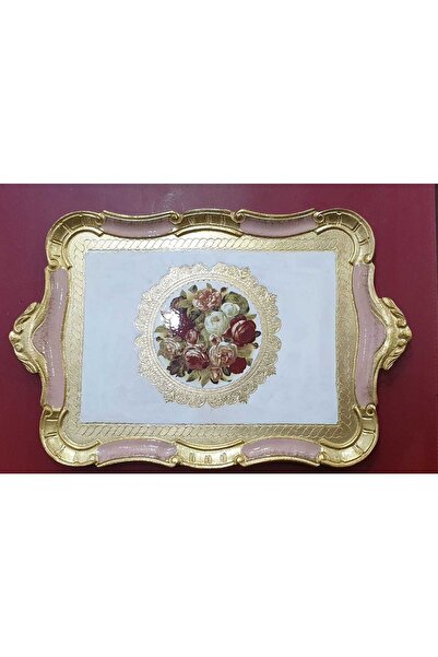 esdekor Gold Pembe Çiçek Desenli Italyan Gül Ağacı El Yapımı Dikdörtgen Büyük Tepsi 54,5x35,5cm 1 Adet