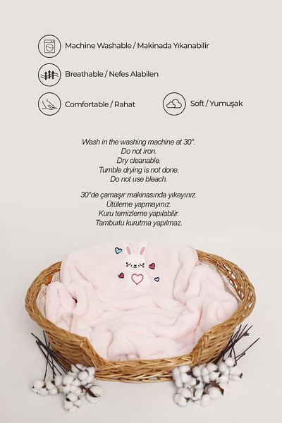 Evlen Home Collection Soft Wellsoft Plush Embroidered Baby Blanket - 90x100cm Children's Newborn Powder