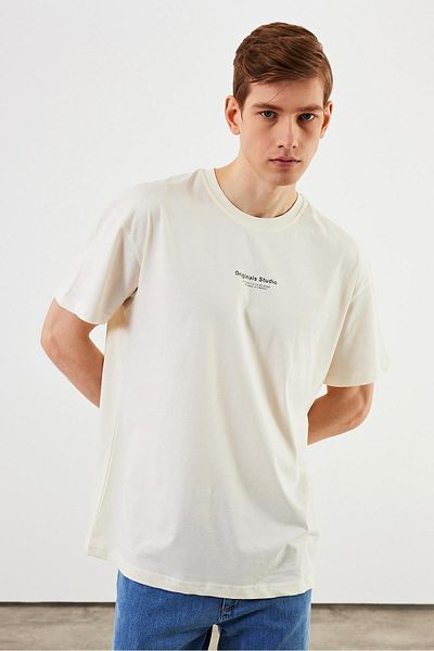 mmetalic Leo Men's Oversize T-Shirt 100% Cotton Crew Neck Print Detailed Basic Ecru T-Shirt