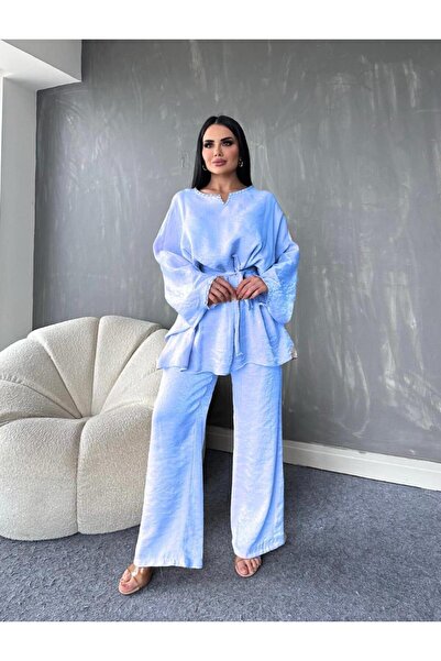 MAY MARA 2-Piece Collar and Stone Embroidered Tunic Trousers Set for Women