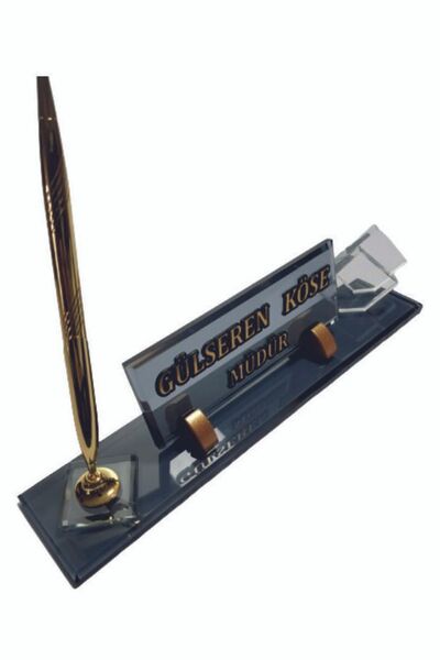 MERTKRİSTAL Kristal Masa Isimliği Kalemli Ofis Büro Makam Hediyesi M556-fgold