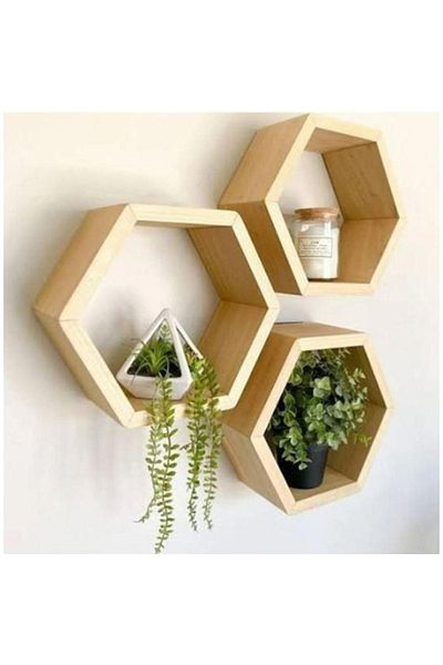 Ahtek Natural Wooden Hexagonal (Honeycomb) Wall Shelf Set of 3