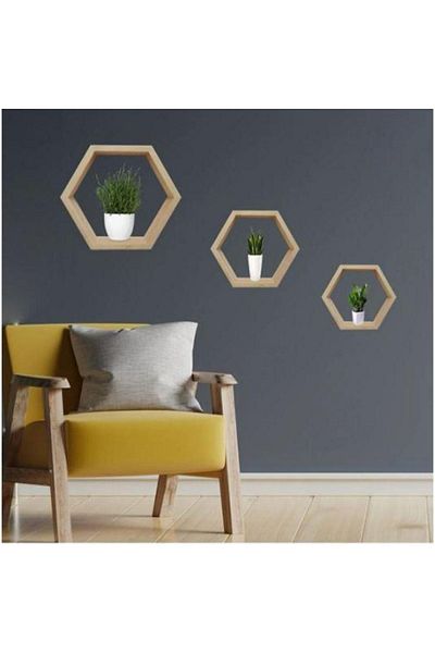 Ahtek Natural Wooden Hexagonal (Honeycomb) Wall Shelf Set of 3