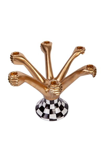 İki Cadı Tasarım Altı Kollu Şık Ve Dekoratif Damalı Altın Rengi Şamdan