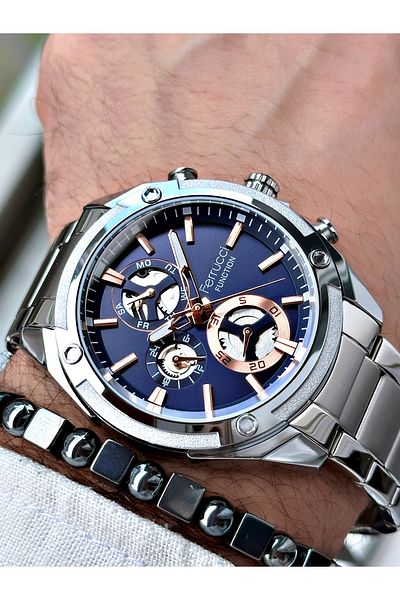 Ferrucci Men's Sports Watch - Silver Color, Bracelet Gift, Functional Wristwatch