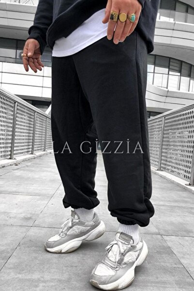 ROLLIE Erkek Siyah Gri Oversize Eşofman Altı Büyük Beden Battal Kalıp Unisex Jogger Eşofman