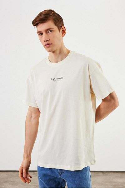 mmetalic Leo Men's Oversize T-Shirt 100% Cotton Crew Neck Print Detailed Basic Ecru T-Shirt