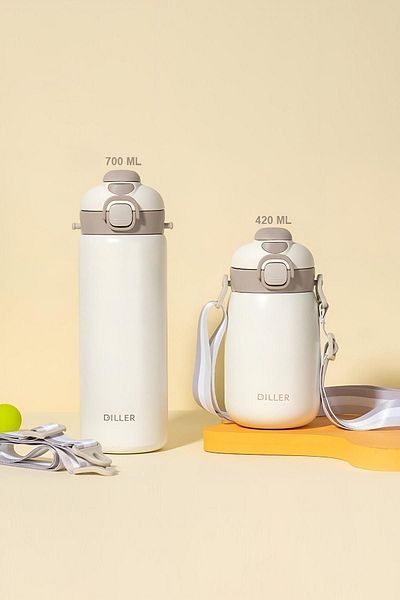 DILLER 700ml Single Lid - Double Use Steel Water Bottle with/Without Straw 6 Hours Hot/Cold