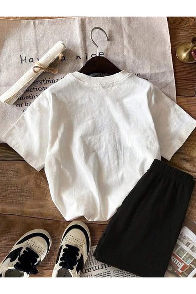 AMMA Kids STrawberry milk PrinTed WhiTe Black T-Shirt and Shorts 100% CoTTon 2-piece SeT