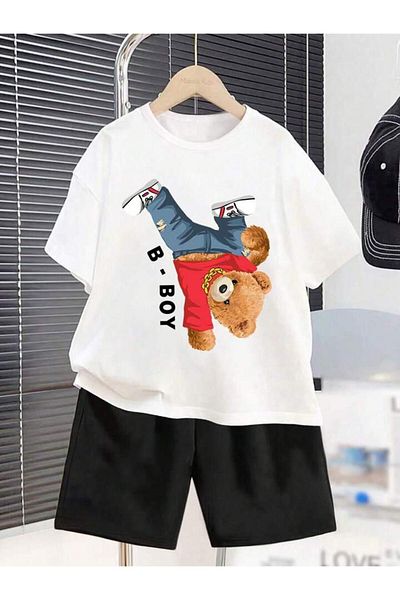 AMMA White Black Teddy Printed Children's T-Shirt and Shorts 100% Cotton 2-Piece Set