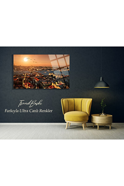 TAULART İstanbul Galata Boğaz Manzarası Gün Batımı 4mm Kırılmaz Temperli Yüksek Çözünürlüklü Cam Tablo