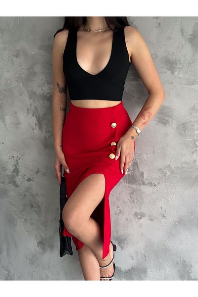 YUSUF CAN KARATAŞ KARATAŞ GİYİM Red Women's Midi Skirt - Button Detail, Ribbed Camisole Fabric, Seasonal with Slits