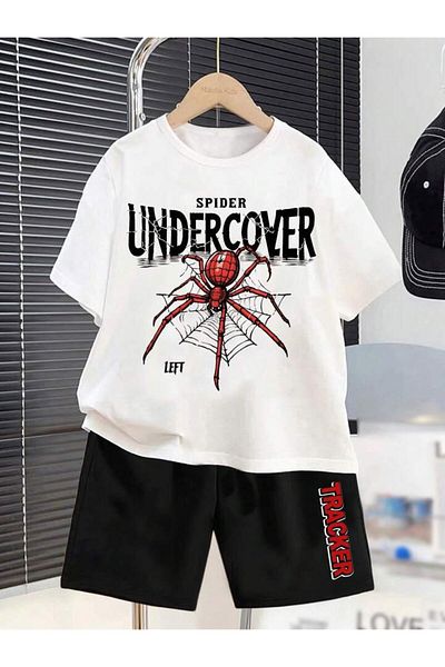 AMMA Kids White and Black Spider Undercover T-Shirt and Shorts 100% Cotton 2-Piece Set