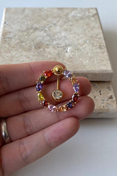 Jaida Moda Kadın Gold Renkli Zirkon Taşlı Çelik Göbek Piercing