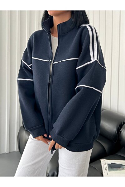 Gofeel Harajuku Lacivert Kalın 3 İplik Extra Oversize Şeritli Street Ceket