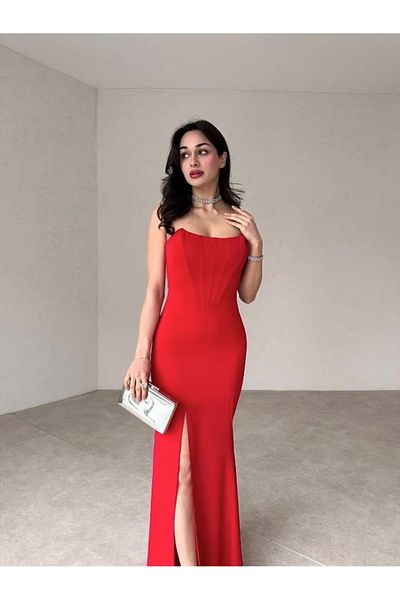 munora butik Heart Collar Strapless Red Jumpsuit