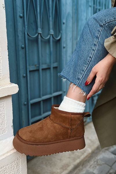 POLKA STORE Άνετα γυναικεία μποτάκια Chestnut Ultra Mini Platform με επένδυση από γούνα με χοντρή σόλα
