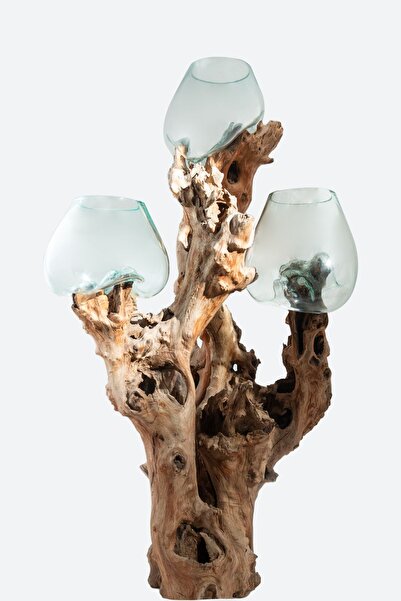 DEKORADAM Teak Ağacı Üfleme Cam Dekor, Mumluk,