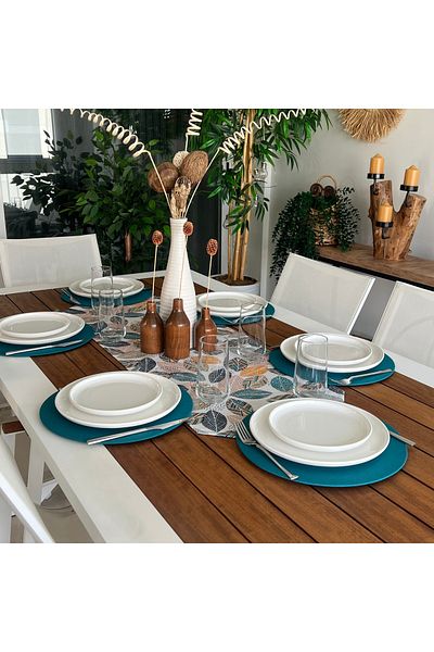 desen izmir 6-Piece Petrol Green Charger and Runner Cover Soft Leaves Set - American Service, New Collection