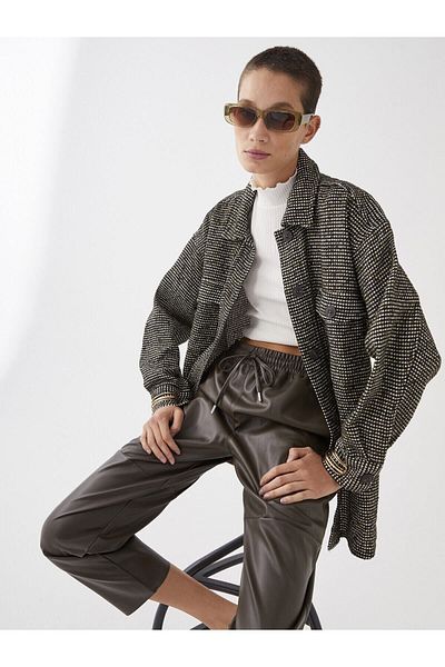 LC Waikiki Închidere cu nasturi în față, cu model, cu mânecă lungă din tweed, cămașă pentru femei