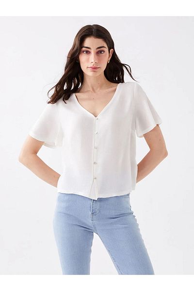 LC Waikiki Γυναικεία μπλούζα Lcw Casual με V λαιμόκοψη μονόχρωμη κοντομάνικη