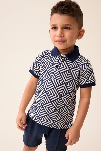 Next Baby Navy Blue White Striped Polo Collar Short Sleeve Shorts Set