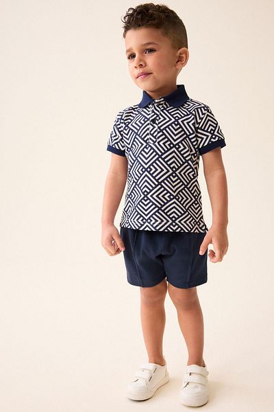 Next Baby Navy Blue White Striped Polo Collar Short Sleeve Shorts Set