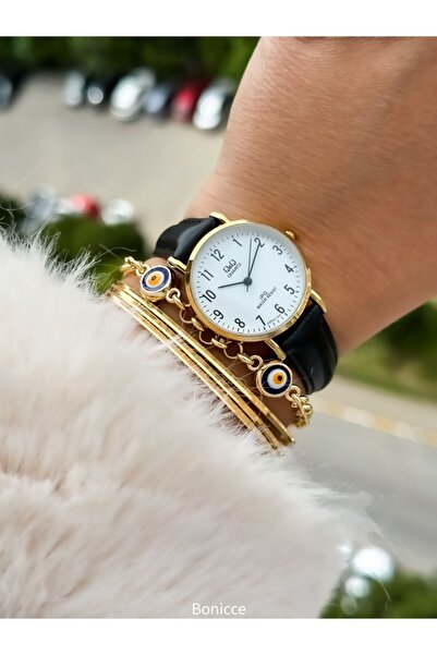 Q&Q Retro Brand Women's Wrist Watch with Black Leather Cord and Yellow Case