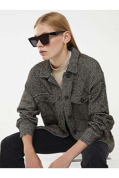 LC Waikiki Închidere cu nasturi în față, cu model, cu mânecă lungă din tweed, cămașă pentru femei