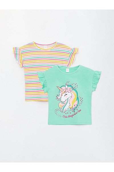 LC Waikiki Crew Neck Short Sleeve Printed Baby Girl T-Shirt, Pack of 2