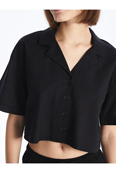 LC Waikiki XSIDE Düz Kısa Kollu Crop Keten Karışımlı Kadın Gömlek