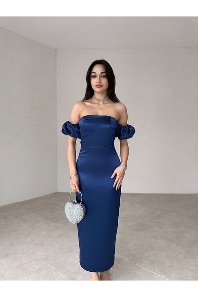 munora butik Satin Navy Blue Midi Dress with Sleeve Detail
