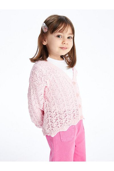 LC Waikiki Baby Pink V-Neck Baby Girl Knitwear Cardigan