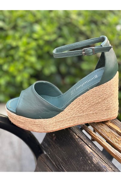 gumushoe Women's Genuine Leather Suede Straw Handmade Filled Heel Sandals 6863