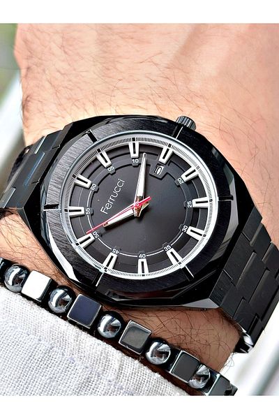 Ferrucci Men's Wristwatch and Bracelet - Black Color, Steel Cord, Gift