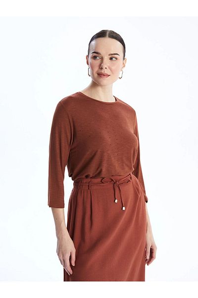 LC Waikiki Grace Damenbluse mit Rundhalsausschnitt, glänzendem Steindruck und langen Ärmeln