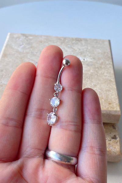 Jaida Moda Kadın Gümüş Sallantılı Zirkon Taşlı Çelik Göbek Piercing