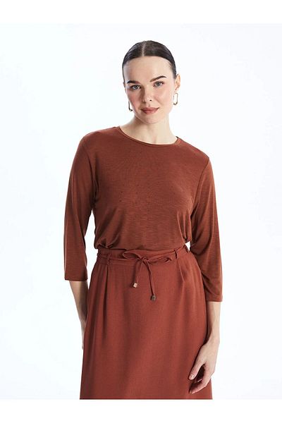 LC Waikiki Grace Damenbluse mit Rundhalsausschnitt, glänzendem Steindruck und langen Ärmeln