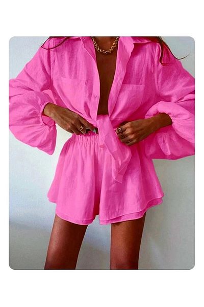 hazelin Women's Pink Linen Shorts Shirt Bottom Top Set HZL23S-DSB110121