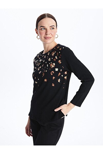 LC Waikiki LCW Grace Bisiklet Yaka Desenli Uzun Kollu Kadın Tişört