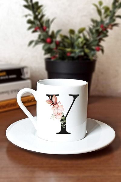 SporSen Caddemart | Floral Printed Porcelain Turkish Coffee Cup with Letter Y