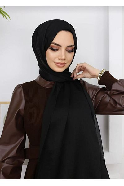 Trablus Shiny Satin Textured Hijab Evening Dress Chiffon Shawl