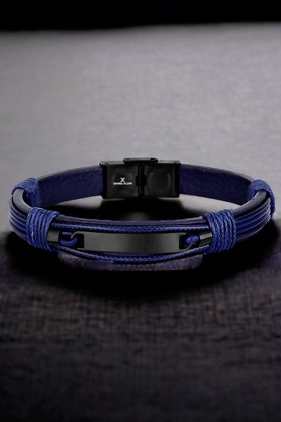 Daniel Klein Navy Blue Men's Bracelet - Genuine Leather, Stainless Steel Detail, Clip Buckle DKEBLK2004C4