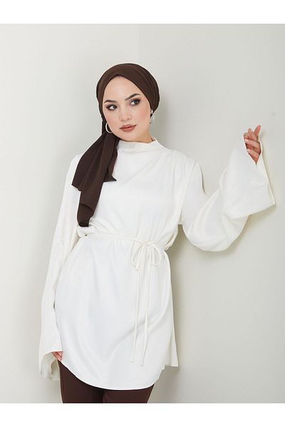 Tate Ecru Satin Tunic - Lace-Up Blouse