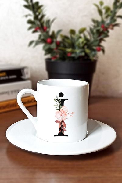 SporSen Caddemart| Floral Printed Porcelain Turkish Coffee Cup with Letter I