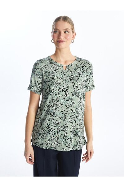 LC Waikiki LCW Grace Bisiklet Yaka Desenli Kısa Kollu Kadın Tişört