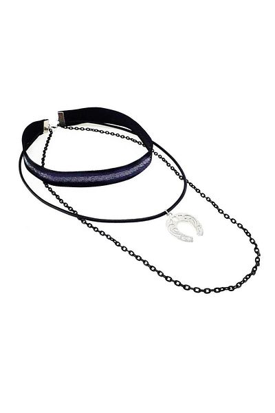 Bijustore Silver Embroidery Black Velvet Horseshoe Choker Necklace