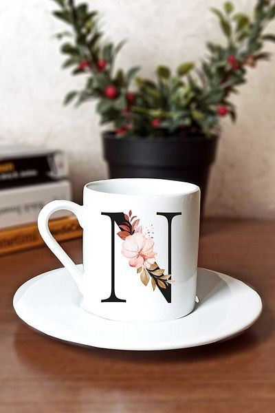 SporSen Caddemart| Floral Printed Porcelain Turkish Coffee Cup with Letter N