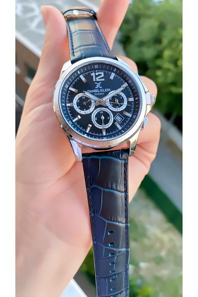 Daniel Klein Men's Black Silver Leather Band Wrist Watch and Bracelet Gift